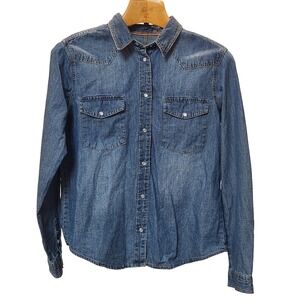 Thread Supply Womens Small Western Snap Shirt Long Sleeve Blue Cotton Cowgirl